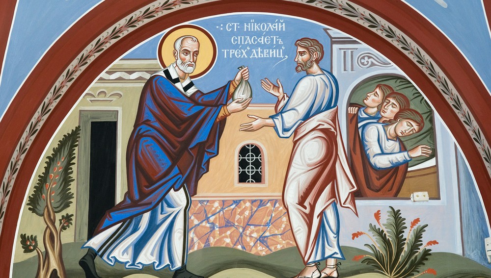 Hl. Nikolaus hilft den drei armen Mädchen - Ikone aus der russisch-orthodoxen Kathedrale in Wien